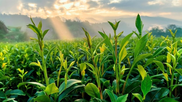 緑茶の芽と葉緑茶のプランテーションと朝は晴れ