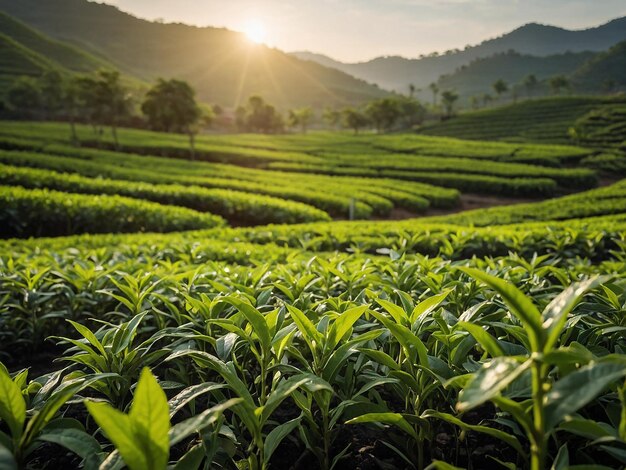 Photo green tea bud and leaves green tea plantations and sunny in morning