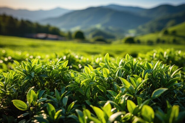 Green tea button and leaves green tea plantations in the morning Background of generative IA