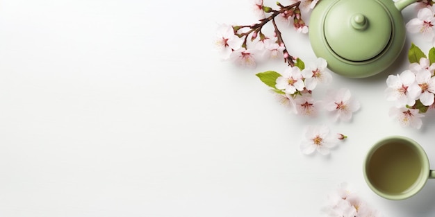 Зеленый чай и вишневый цвет на белом столе, вид на пространство для копирования Японское чугунное литье Генеративный искусственный интеллект