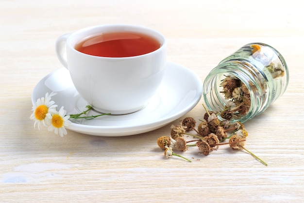 Green tea in a cup on a saucer with chamomile in a jar