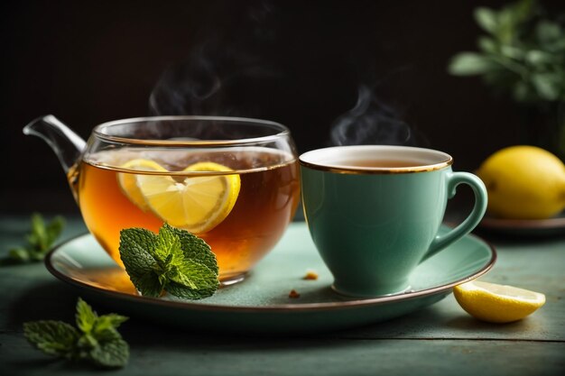 Photo green tea in cup and teapot on white wooden background