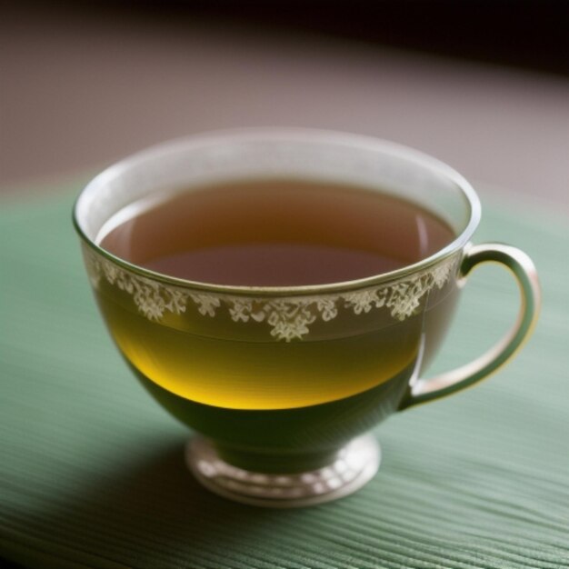 a green tea cup with a white flower pattern on the bottom.