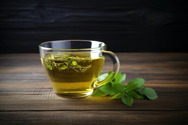 Photo green tea cup on a wooden backdrop