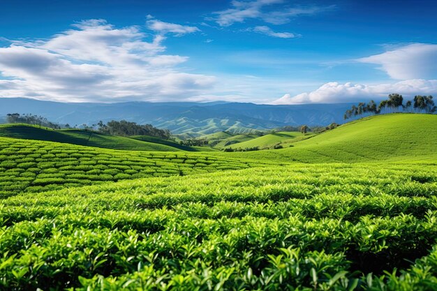 Green tea field cdjvzlttwpp in the style of realistic blue skies