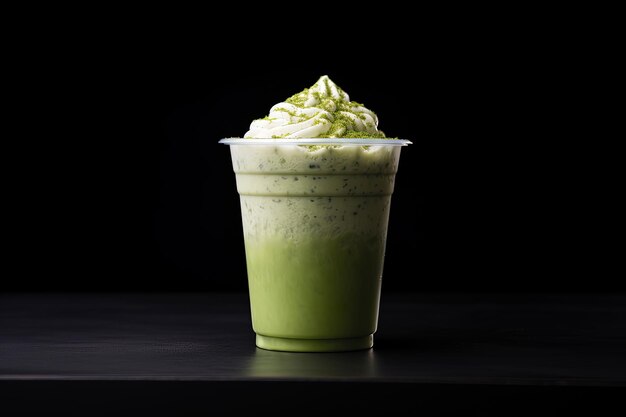 Green tea frappucino with whipped cream in a takeaway cup isolated on dark background