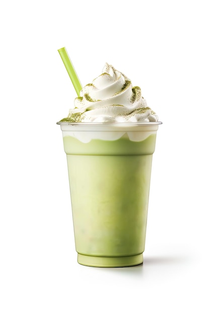Green tea frappucino with whipped cream in a takeaway cup isolated on white background