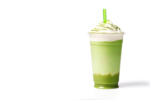 Green tea frappucino with whipped cream in a takeaway cup on white background with copy space