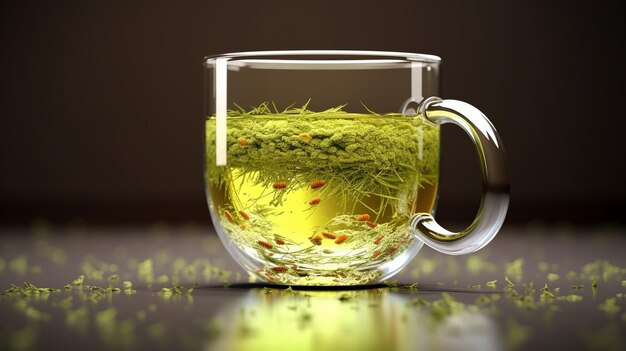 Зеленый чай в стеклянной чашке на темном фоне 3d-рендеринга
