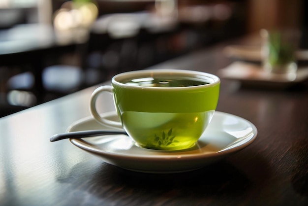 Green tea in a glass cup on a wooden table Black background Generative AI