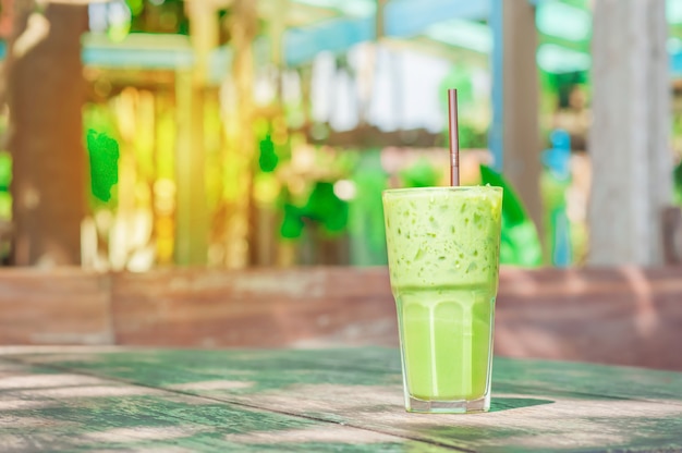 Green tea ice on table of light ray