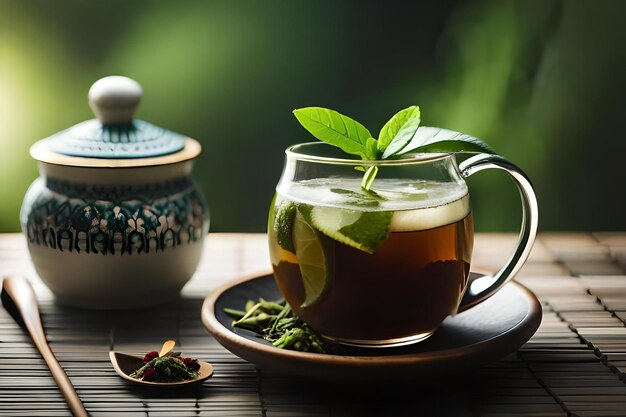 Green tea is placed on the tablerealistic
