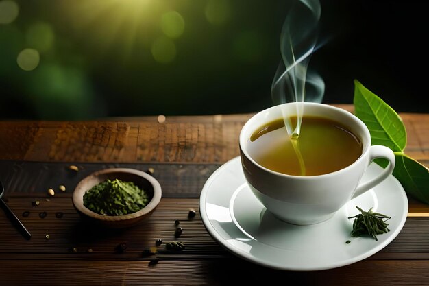 Green tea is placed on the tablerealistic