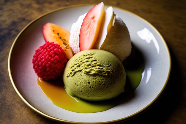 Green tea is served with strawberry mango and matcha mochi ice cream on the table