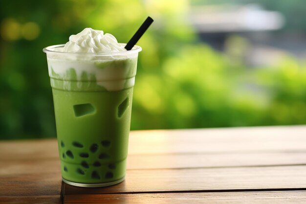 Green Tea Latte with Bubble on Wood Table Background Beverage Halal Tea Menu for Cafes and Restaura