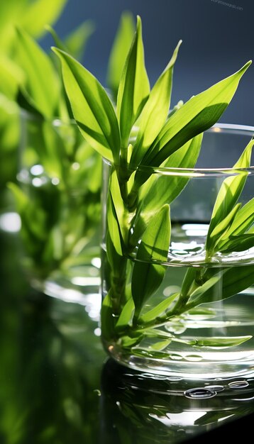 green tea leaf shoots very fresh made into a glass of green tea on the table Generate AI