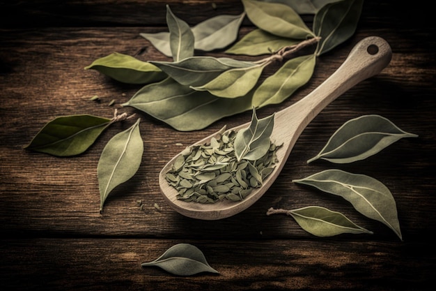 Green tea leaves dried and in a spoon on a wooden table