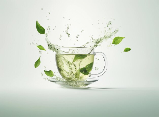 Green tea leaves in motion on a white background