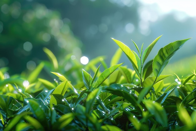 朝の茶畑の緑茶の葉