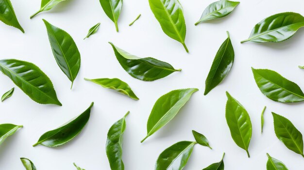 Green Tea Leaves on White Table Background Ideal for Tea Packaging and Healthy Eating