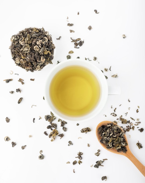 Green tea making ceremony on white background