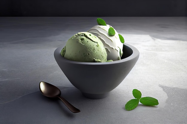 Green tea matcha ice cream scoop in bowl on a grey stone background Top view Generative Ai