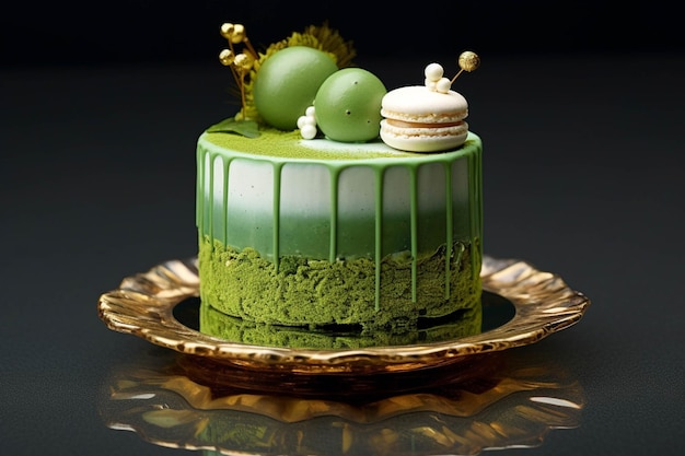 黒の背景にマカロンと緑茶のムース ケーキ