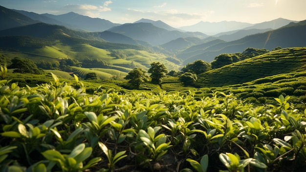 緑茶の木の列のシーン