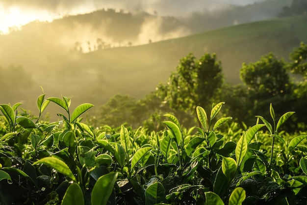 Photo green tea plantation at sunrise timenature background