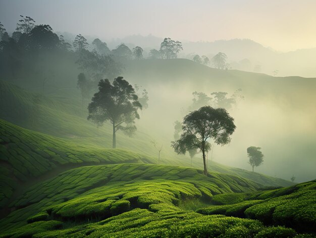 green tea plantation with fog in background