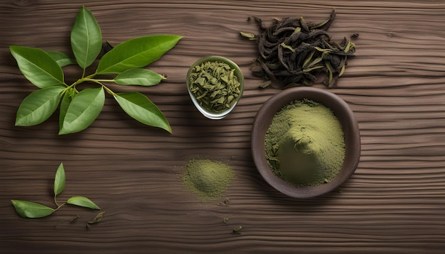緑茶の粉末と木製の背景に乾燥した茶葉