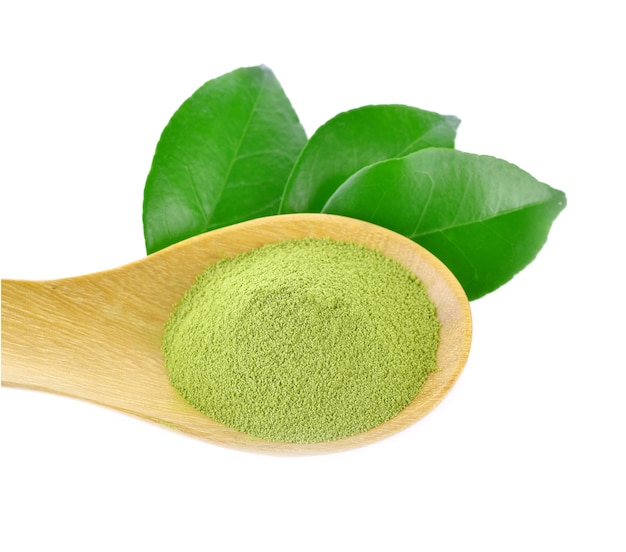 Green tea powder or leaf on white background