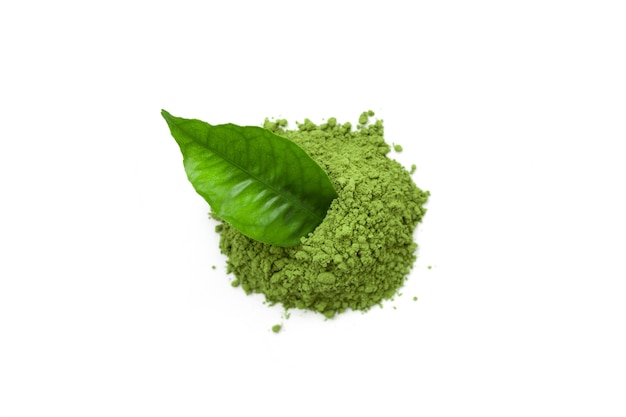 Green tea powder matcha tea on white isolated background top view