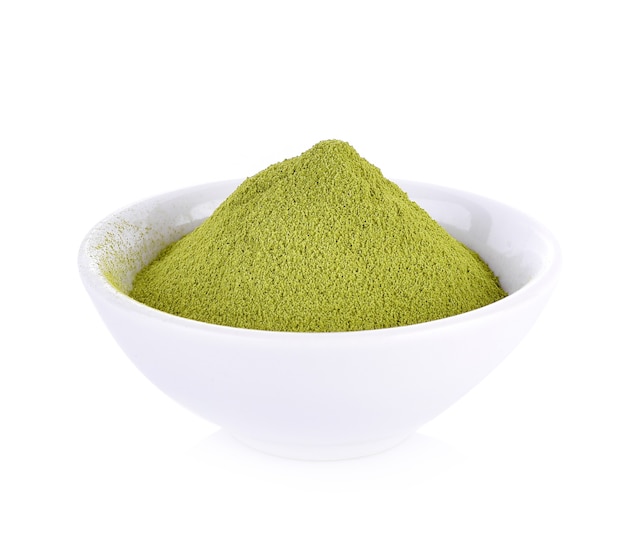 Green tea powder on white background