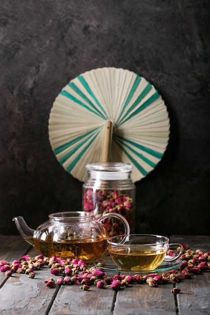 Green tea served in glass tea pot