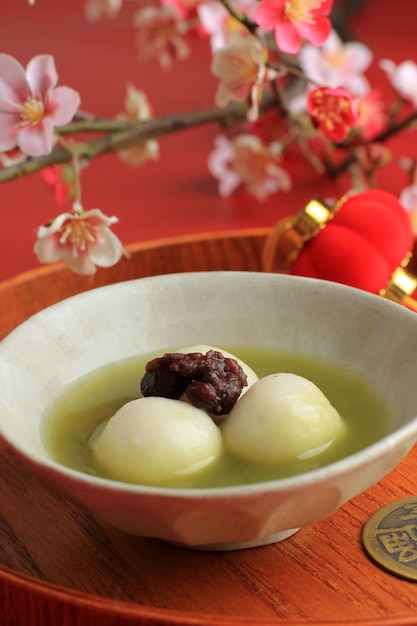 Green Tea Tang Yuan (Tangyuan), Sweet Mochi Rice Dumpling Food for Winter Solstice (Dongzhi Festival)