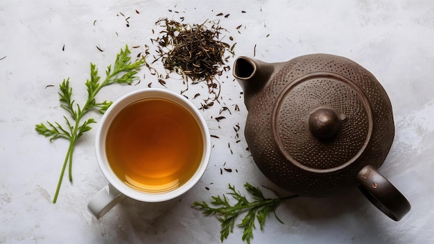 Green tea and teapot on a light background