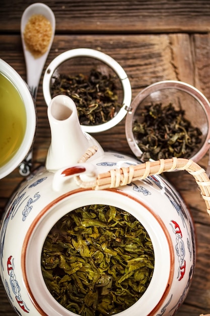 Green tea in teapot