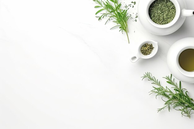 Green tea in a white teapot and cups on white background top view with copy space