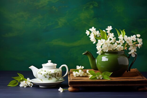 Green tea with jasmine in cup and teapot on wooden table