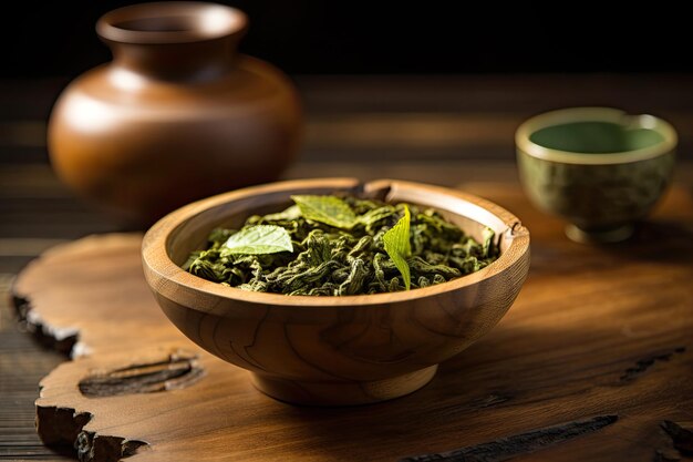 Green tea in wooden bowl on table