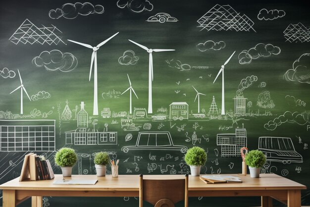 Photo a green teaching blackboard filled with power elements wind turbines
