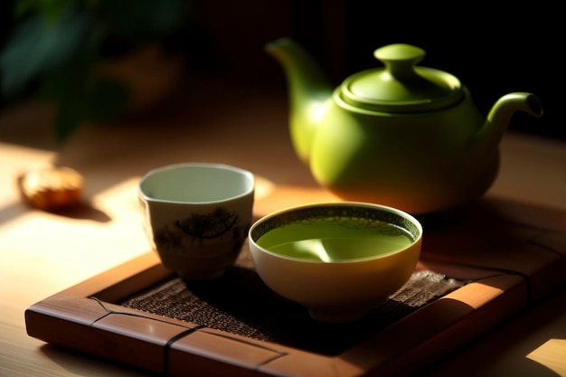 写真 緑茶の緑のカップと緑茶の緑のカップが入った緑茶ポット。