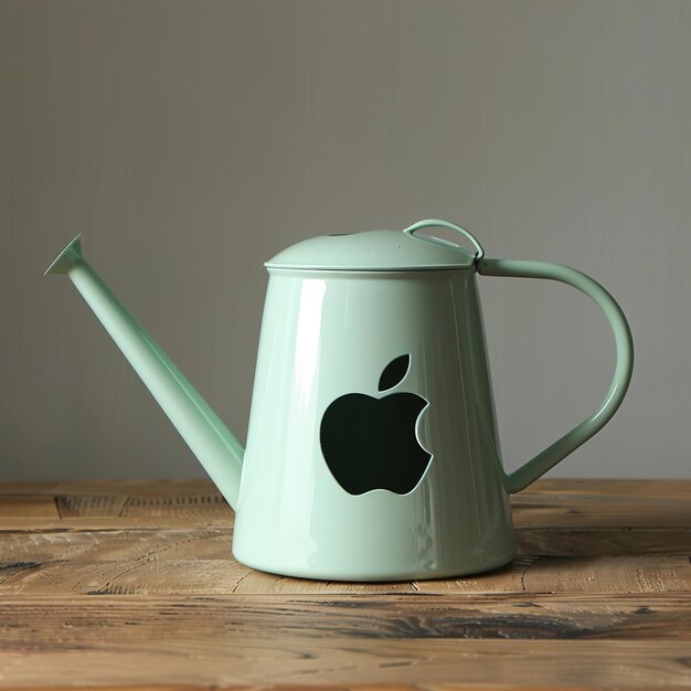 a green teapot with an apple logo on it