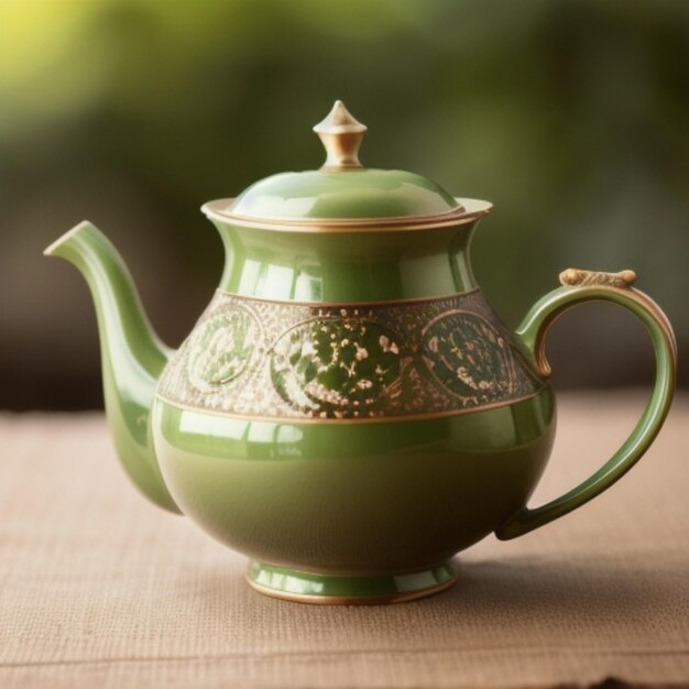 Photo a green teapot with a design on the top.