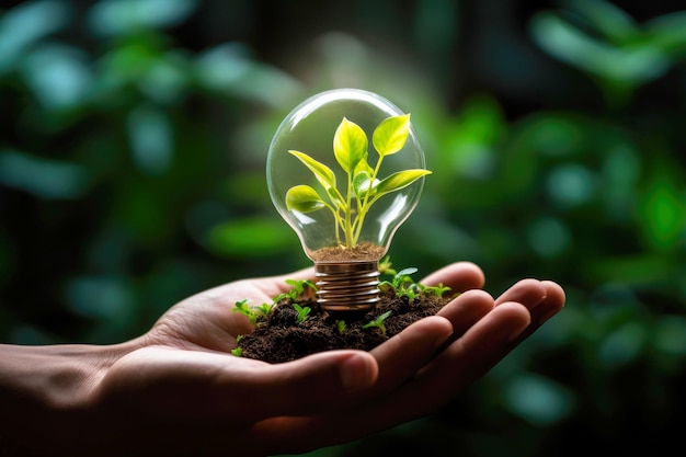 Green technology concept a hand holds a light bulb with a plant inside for a better Earth