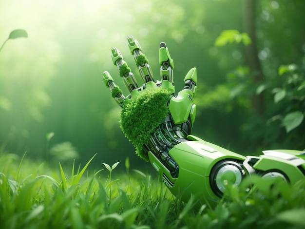 Photo green technology conceptual design human arm connected to green energy
