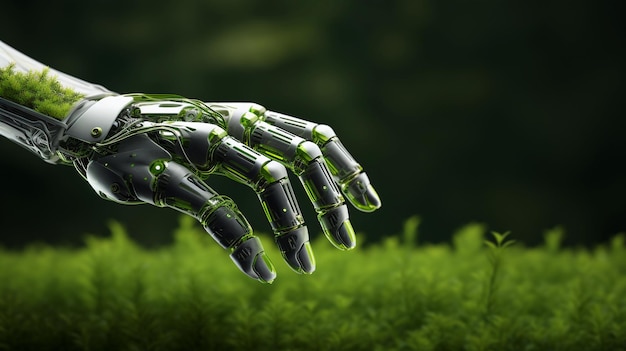 Green technology conceptual design human arm covered with grass and lush and robotic hand