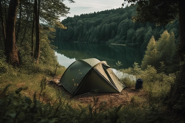 A green tent is set up in a forest with a lake in the background.