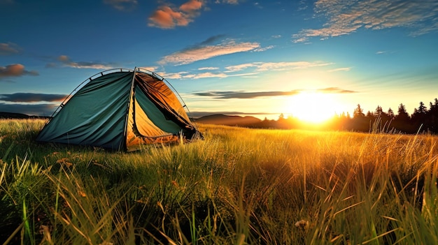 Green tent on lush green field hiking and outdoor recreation